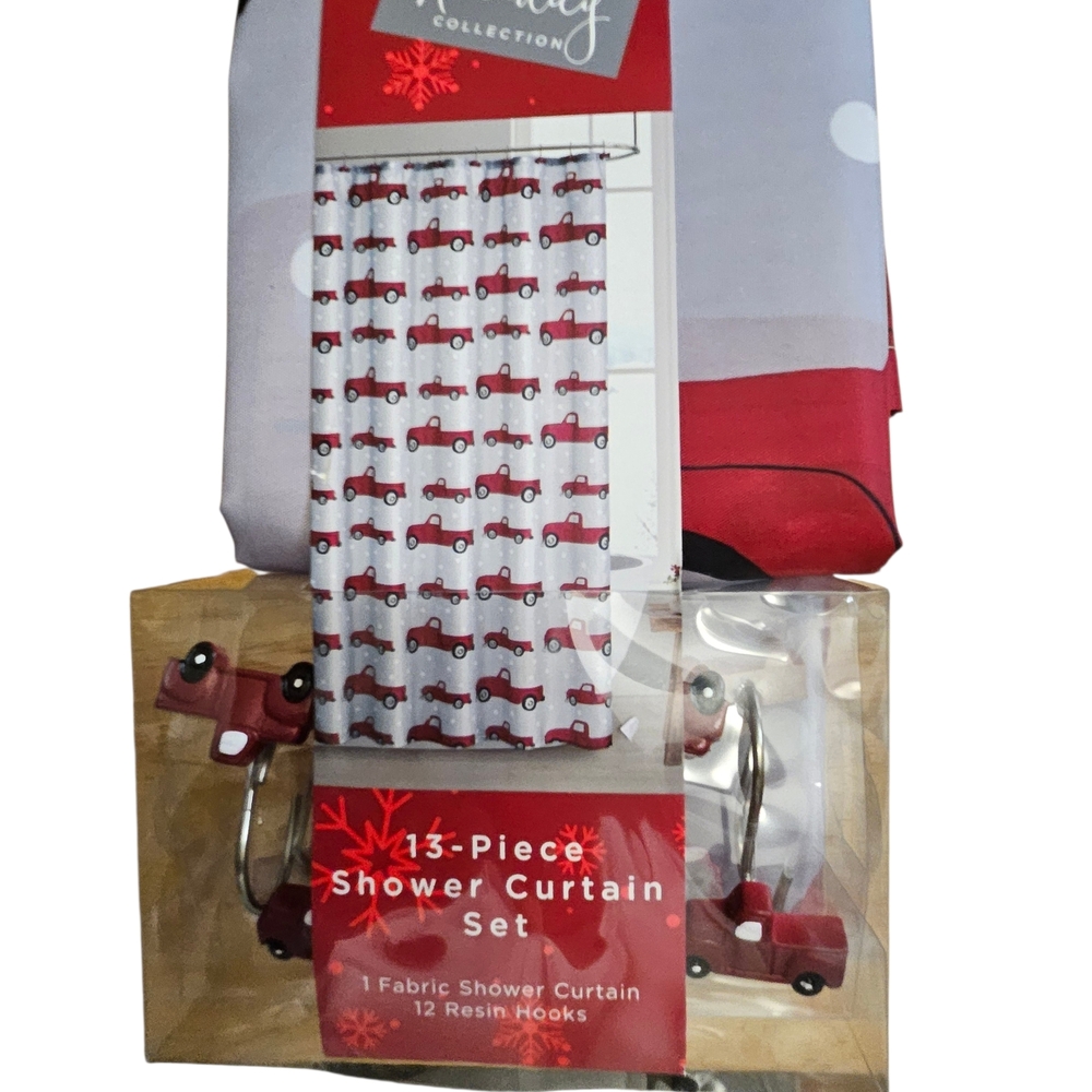 Christmas Red Truck Shower Curtain Set Holiday Bathroom Decor Fabric 72 x 72